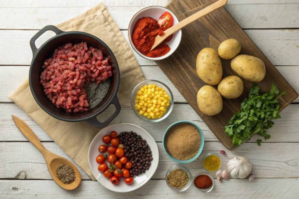 Fresh and canned ingredients for cowboy soup, including ground beef, tomatoes, corn, beans, and seasonings, arranged on a rustic wooden surface with a cast-iron pot and wooden spoon.