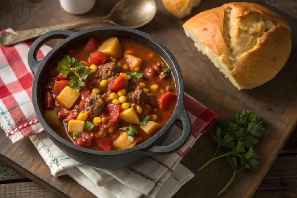 A rustic cast-iron pot filled with hearty cowboy soup, featuring ground beef, tomatoes, corn, and potatoes, garnished with fresh parsley, with a ladle and cornbread nearby.