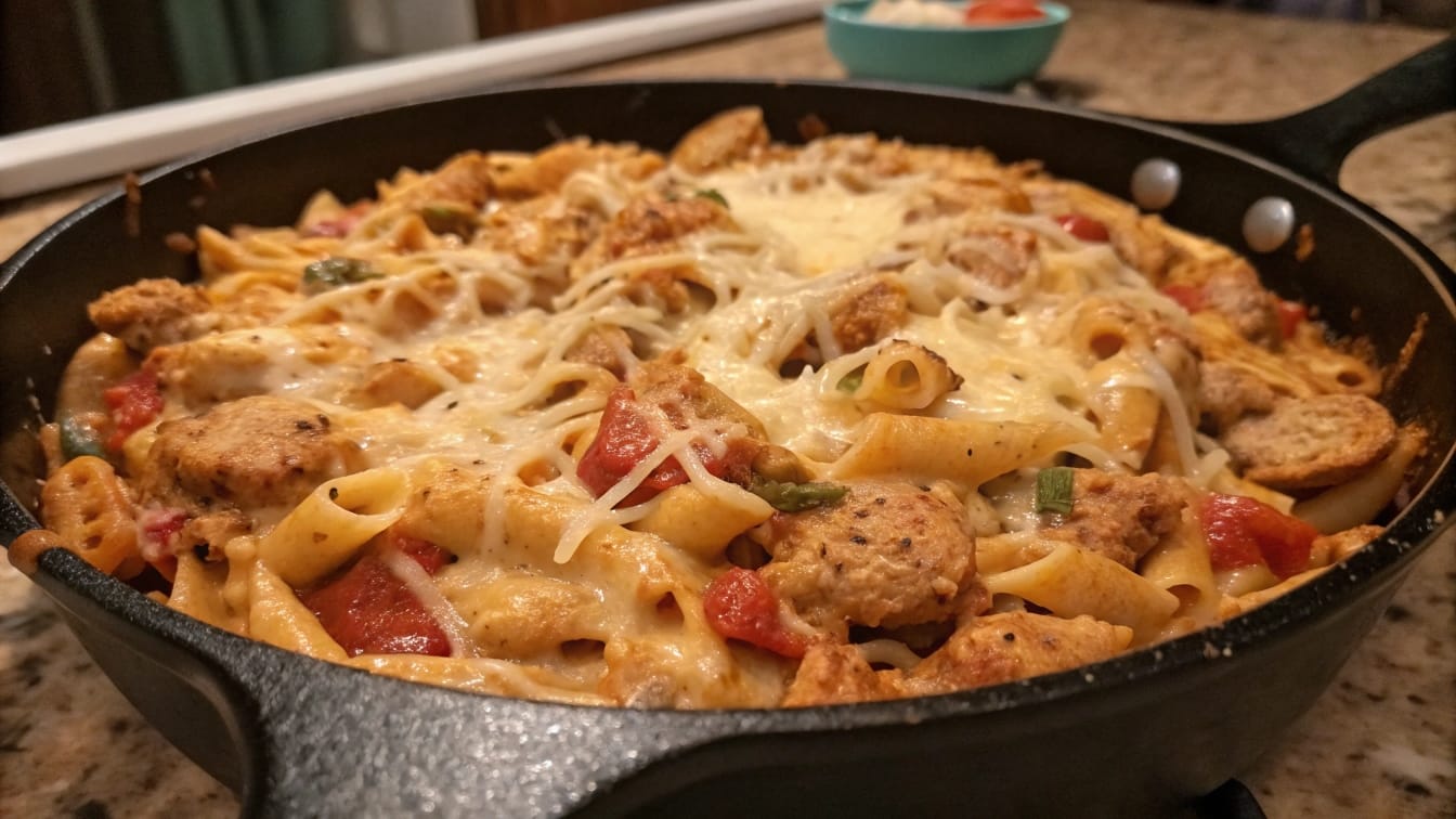 one-skillet cheesy ground chicken pasta recipe