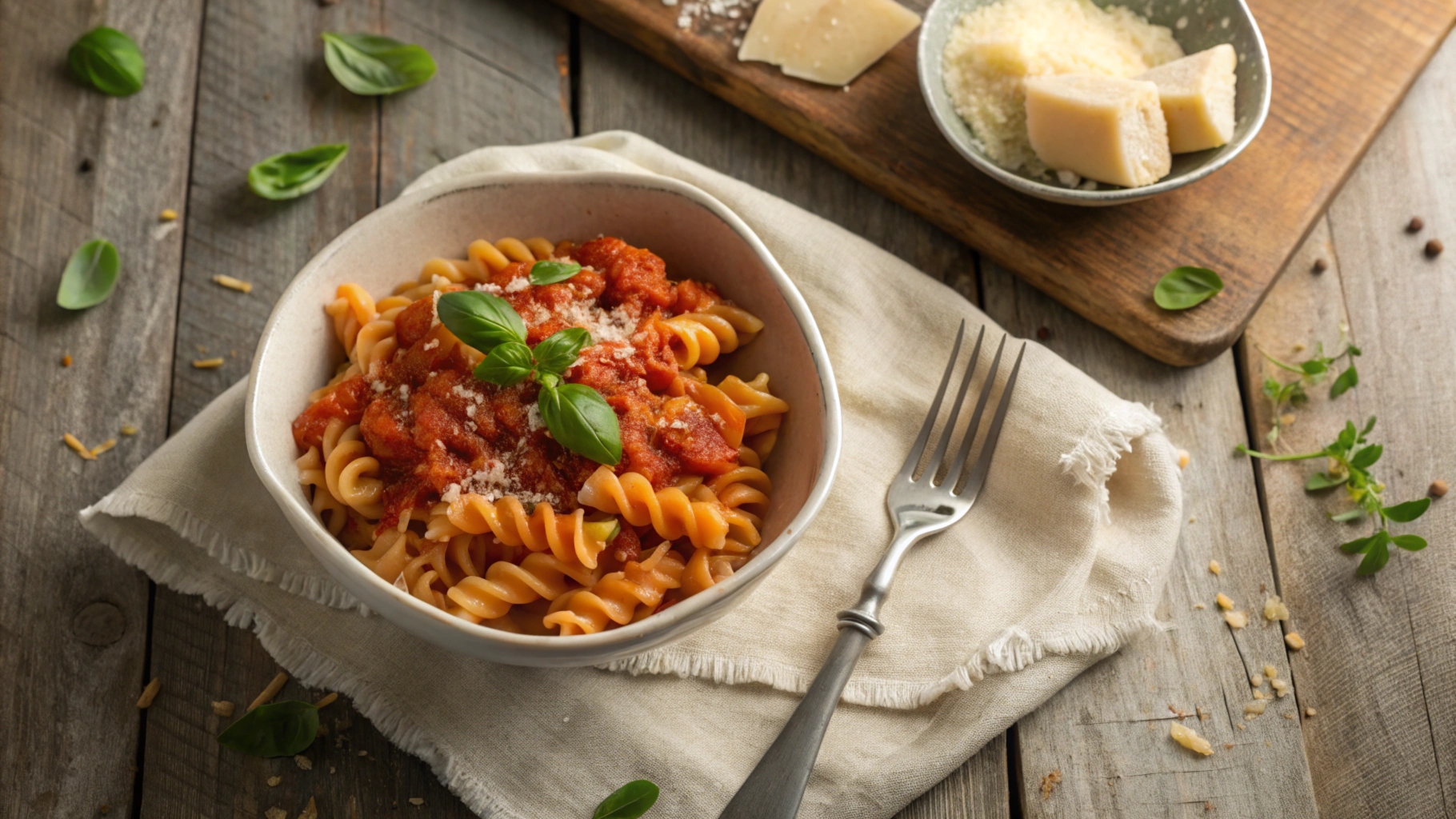 A bowl of corkscrew pasta with tomato and basil sauce on a rustic wooden table, garnished with Parmesan cheese and fresh basil.