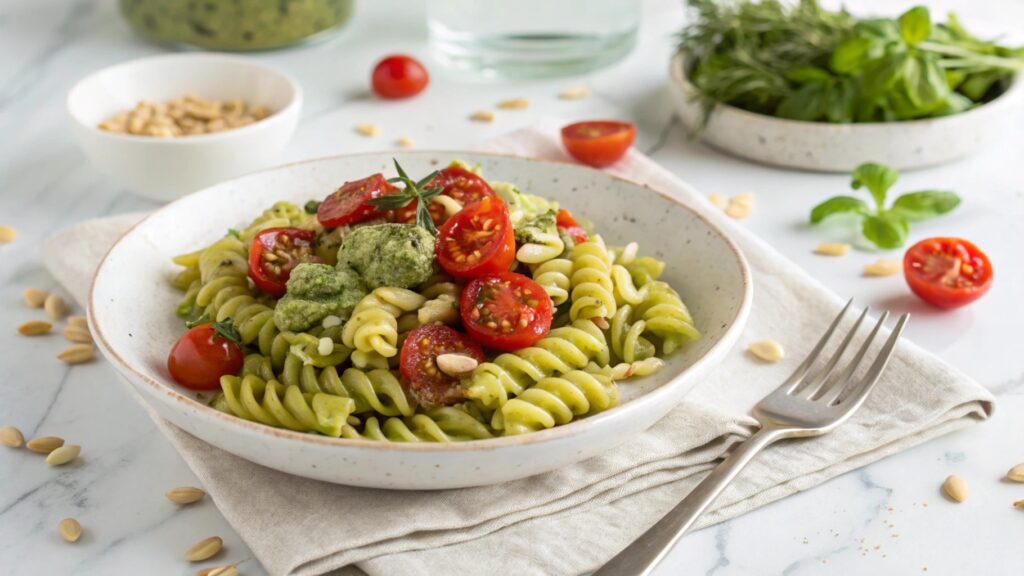 Corkscrew pasta in creamy pesto sauce with roasted cherry tomatoes and toasted pine nuts on a white plate.