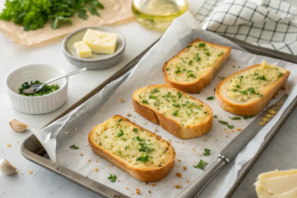 Crispy slices of Texas Toast garlic bread on a baking sheet with golden crusts, sprinkled with parsley and Parmesan cheese.