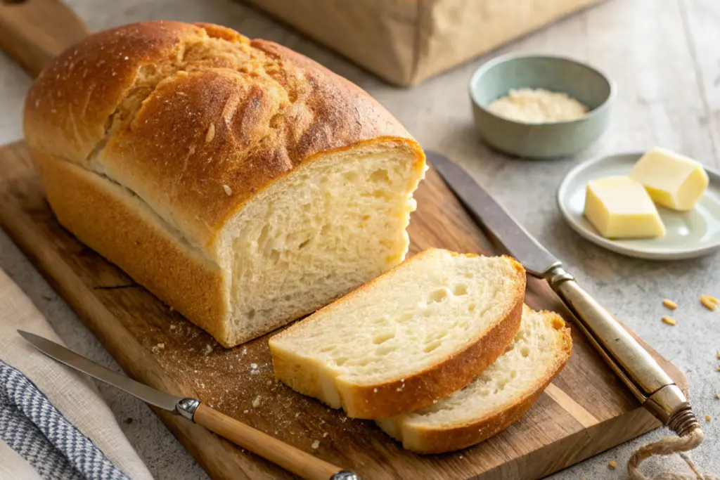 Close-up of a loaf of sourdough sandwich bread on a cutting board, partially sliced, with a knife and butter dish nearby.