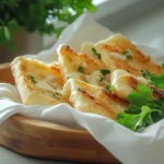 Golden slices of air-fried frozen garlic bread served on a white napkin-lined tray, with fresh parsley garnish.