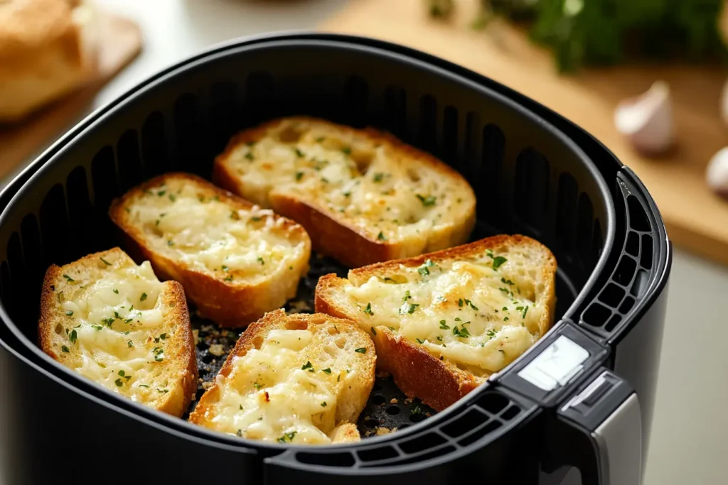 Frozen garlic bread slices arranged in an air fryer basket, beginning to crisp during the cooking process.