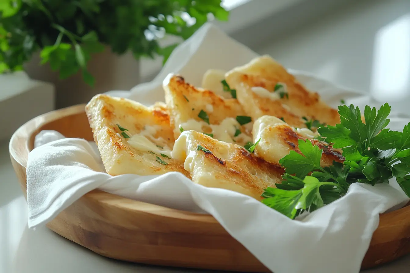 Golden slices of air-fried frozen garlic bread served on a white napkin-lined tray, with fresh parsley garnish.