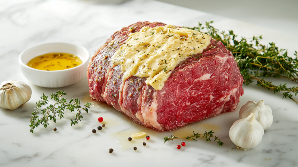 A raw ribeye roast being brushed with golden garlic butter, surrounded by fresh thyme and garlic.