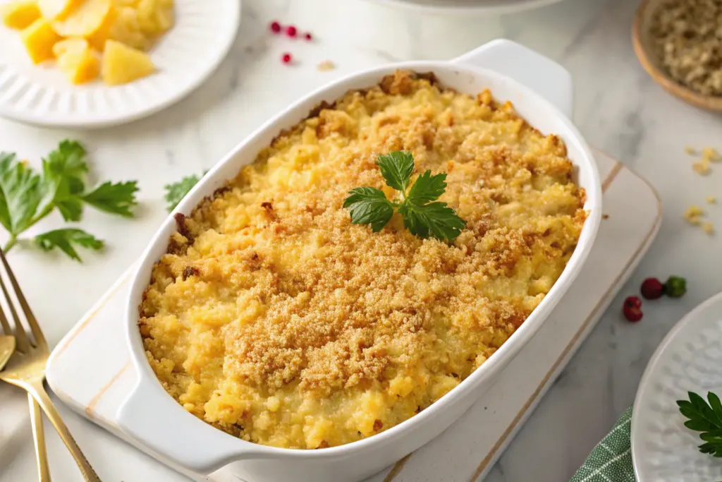 Close-up of a golden-brown pineapple casserole with a buttery Ritz cracker topping, ready to be served for a family meal.