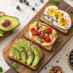 Assorted gourmet sourdough toast toppings, including avocado with chili flakes, ricotta with fresh berries, and nut butter with bananas, styled on a wooden serving board.