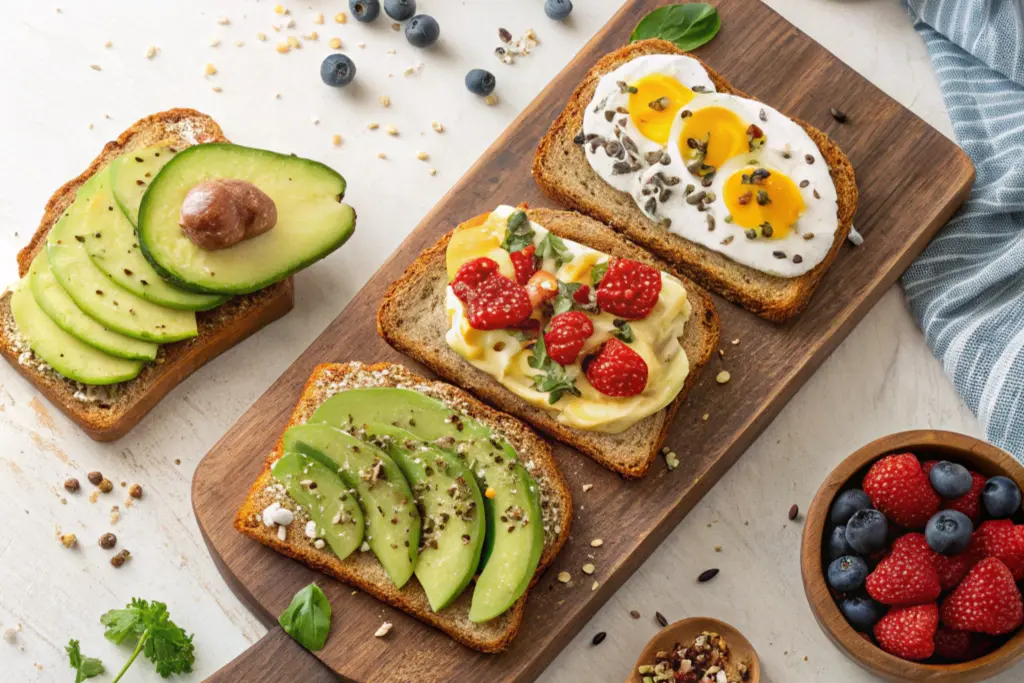 Assorted gourmet sourdough toast toppings, including avocado with chili flakes, ricotta with fresh berries, and nut butter with bananas, styled on a wooden serving board.