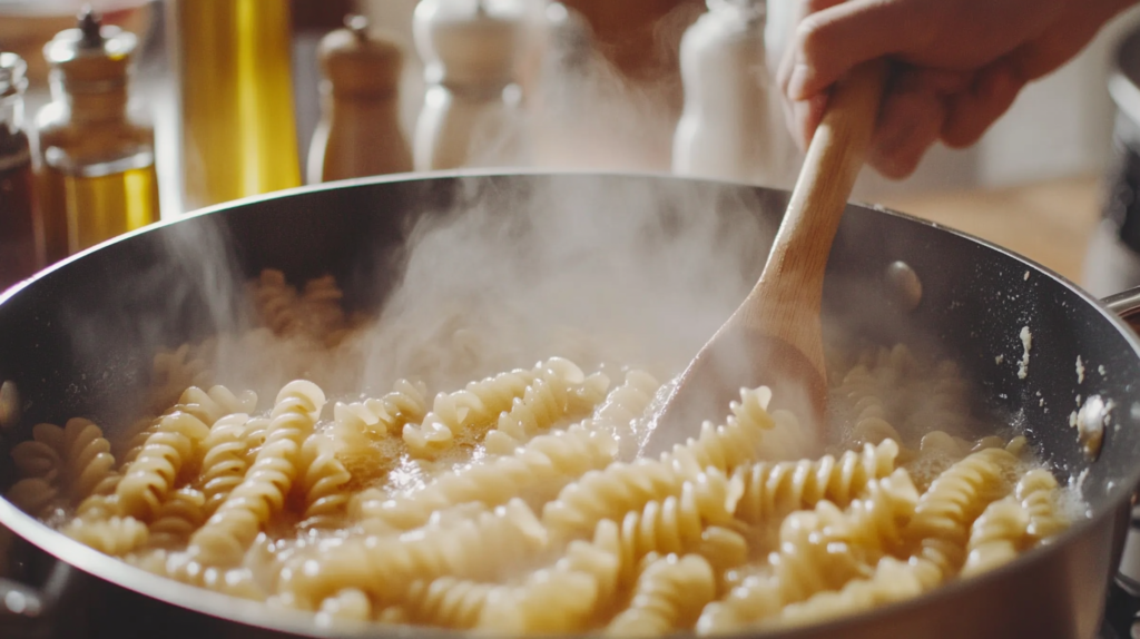 Corkscrew pasta boiling in a pot with steam rising, stirred with a wooden spoon, salt, and olive oil nearby.