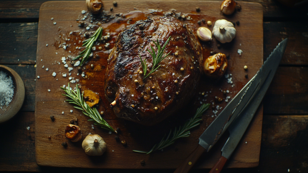 A beautifully seared ribeye roast with garlic and rosemary on a wooden board, ready to carve.