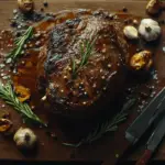 A beautifully seared ribeye roast with garlic and rosemary on a wooden board, ready to carve.