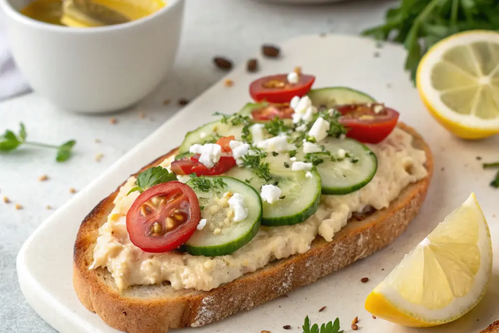 Mediterranean-inspired hummus toast topped with cucumber, cherry tomatoes, feta cheese, za’atar, and olive oil on sourdough bread.