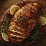 A golden roasted Creole butter turkey breast garnished with rosemary and lemon on a festive serving platter.
