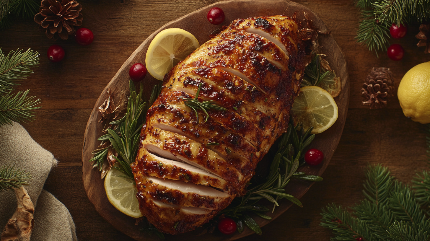 A golden roasted Creole butter turkey breast garnished with rosemary and lemon on a festive serving platter.