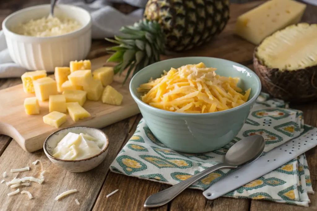 Close-up of shredded cheddar cheese, fresh pineapple chunks, and other ingredients for a homemade pineapple casserole, set on a rustic wooden kitchen table.