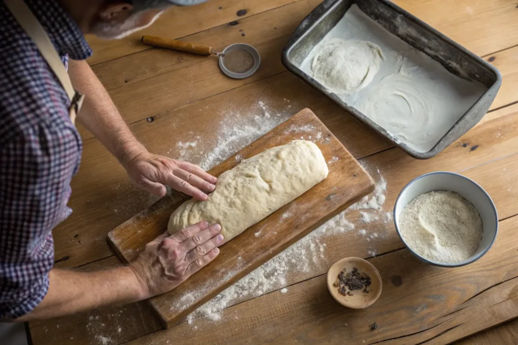 Hands shaping sourdough sandwich bread dough into a rectangular log on a floured work surface.