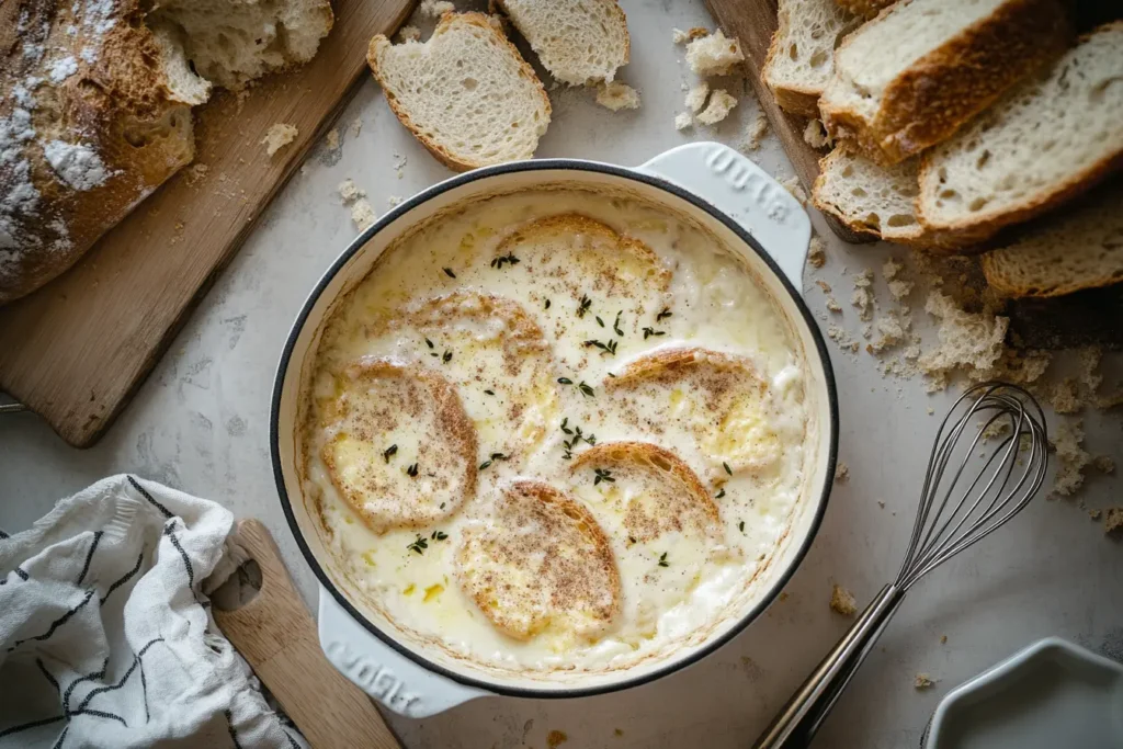 Sourdough bread slices soaking in a creamy custard mixture with cinnamon in a shallow dish, surrounded by a whisk, breadcrumbs, and a sliced sourdough loaf on a cutting board.