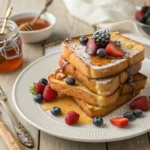 Stack of golden-brown sourdough French toast drizzled with maple syrup, topped with fresh berries and powdered sugar, served on a white plate with a fork and knife on a rustic wooden table.