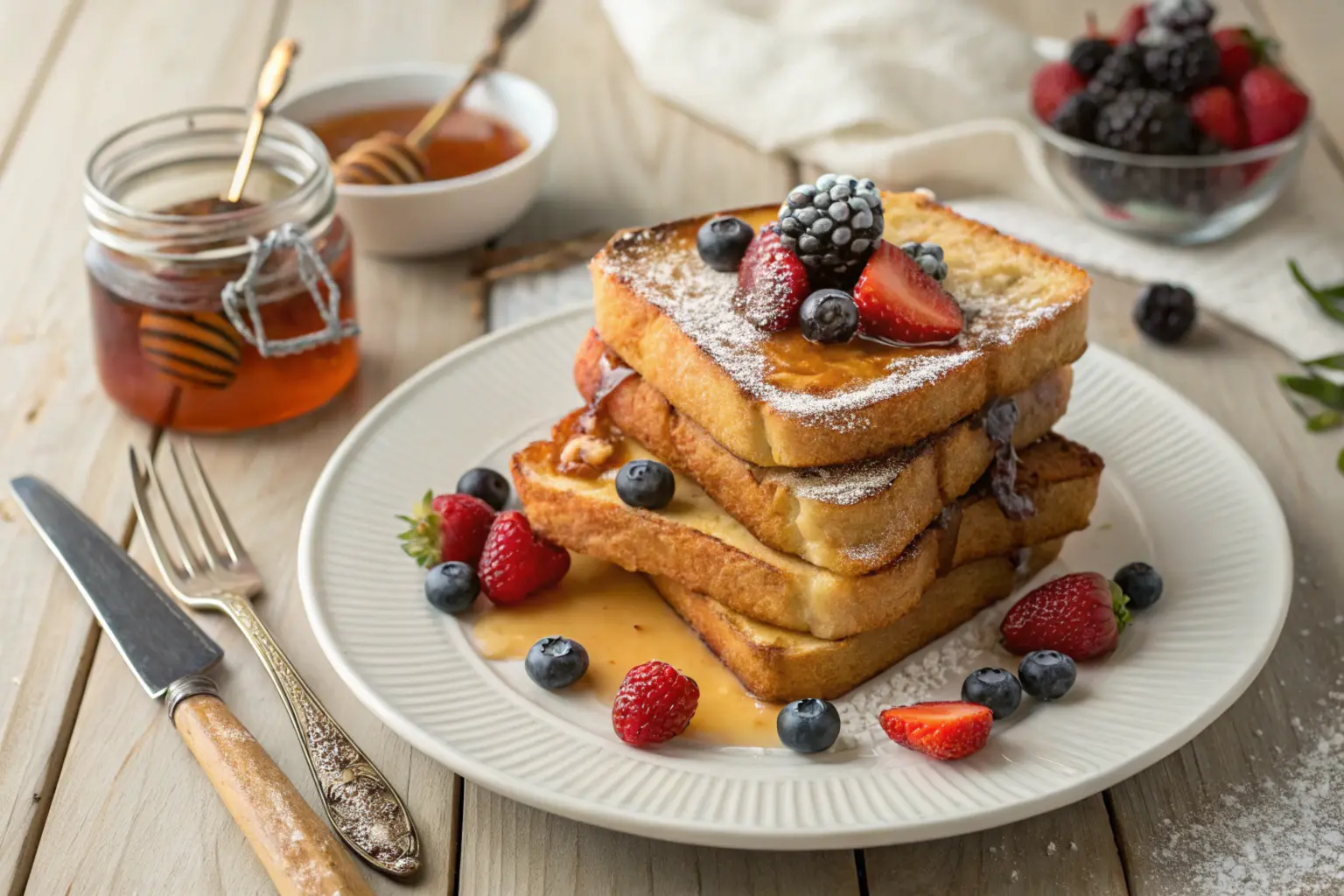 Stack of golden-brown sourdough French toast drizzled with maple syrup, topped with fresh berries and powdered sugar, served on a white plate with a fork and knife on a rustic wooden table.