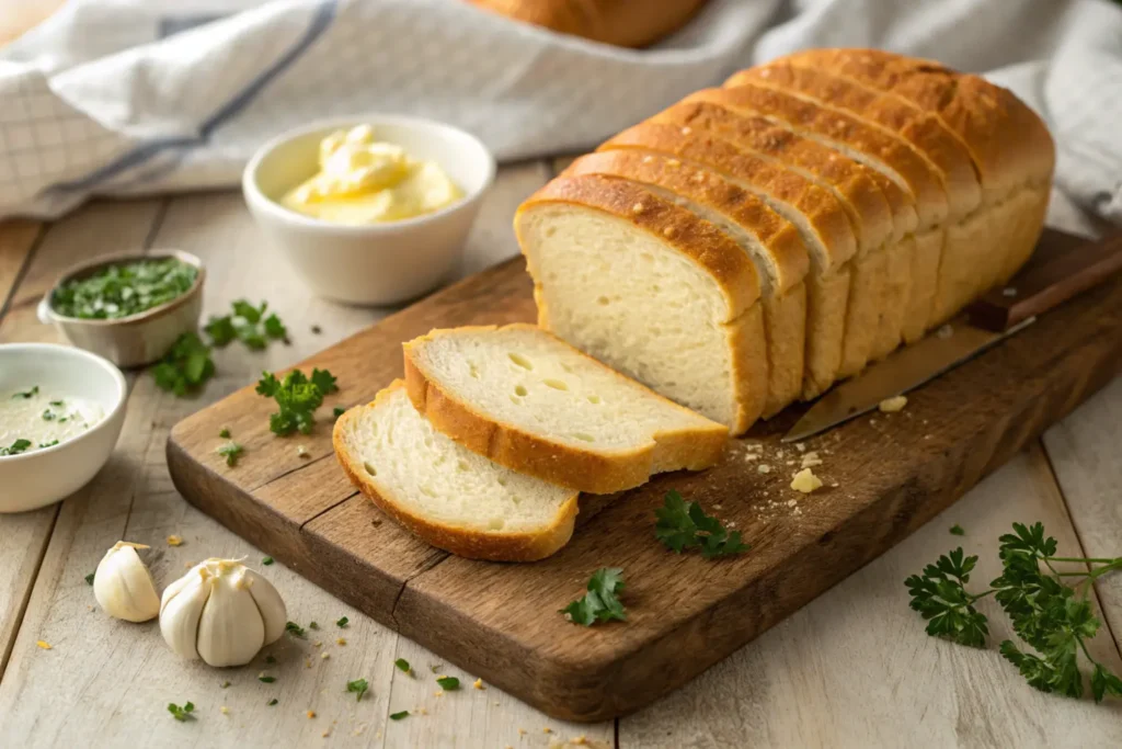 Thick slices of Texas Toast bread arranged on a rustic cutting board with butter and parsley, highlighting their soft and hearty texture.