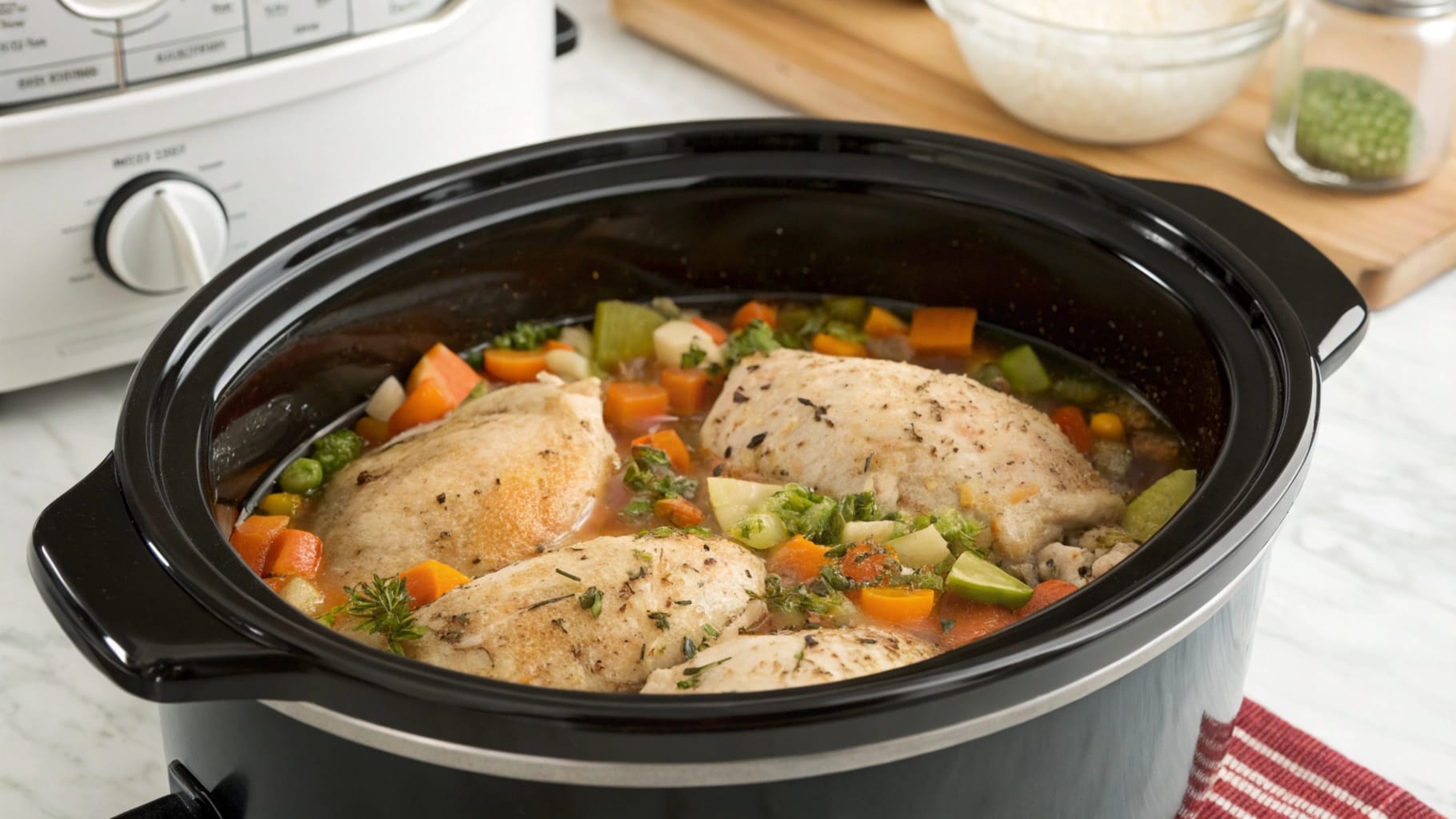 Chicken breasts cooking with carrots, celery, and herbs in a black slow cooker insert filled with broth