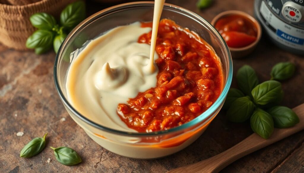 mixing alfredo sauce mixing alfredo sauce