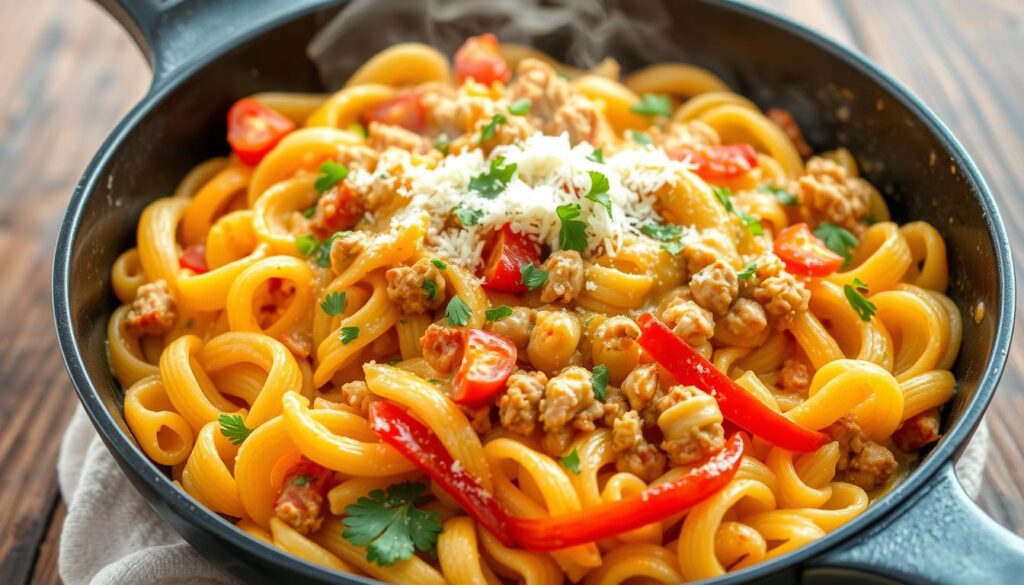 one-skillet cheesy ground chicken pasta recipe