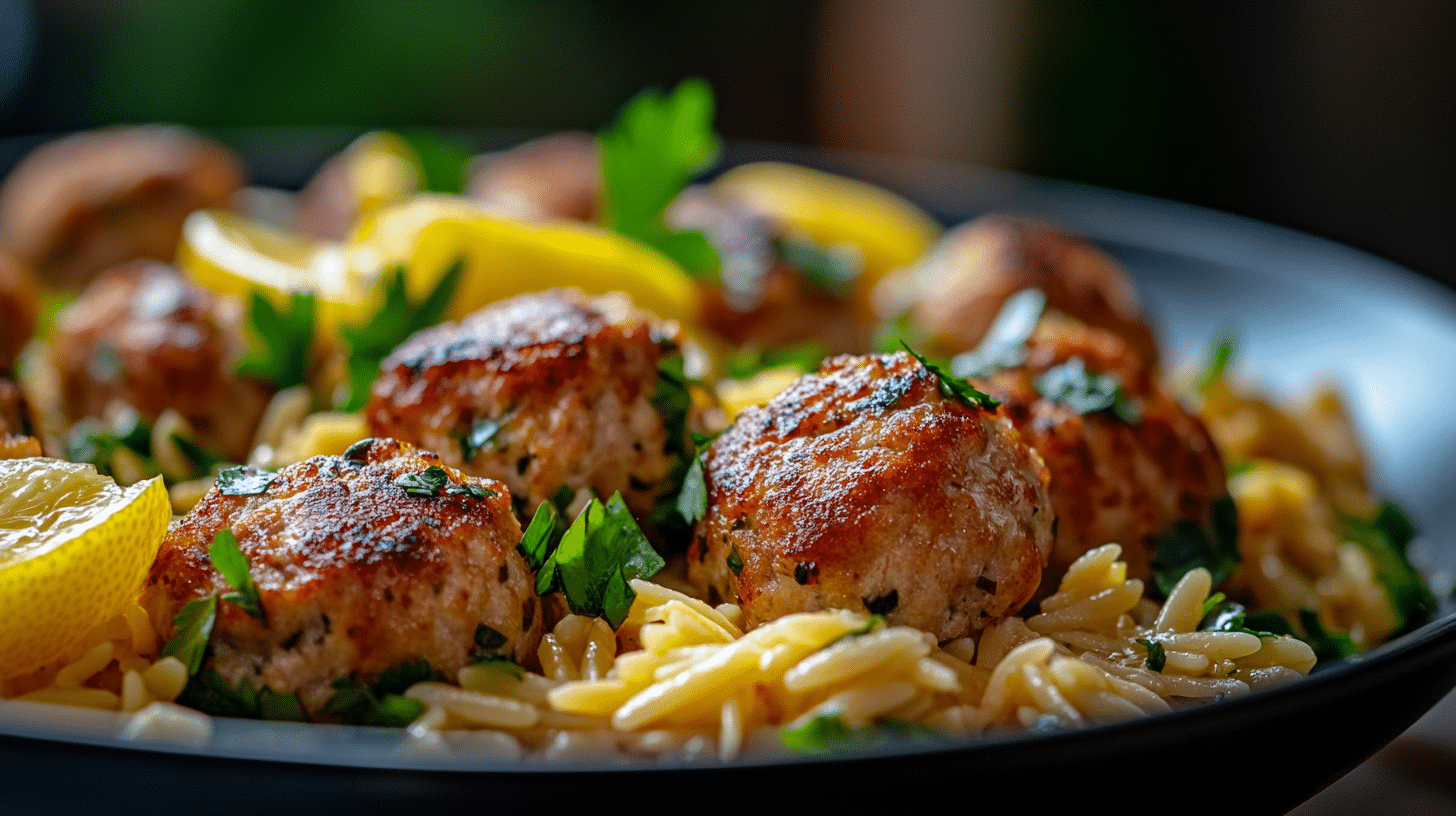 Greek Chicken Meatballs with Lemon Orzo