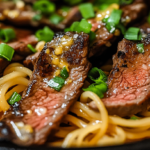 Garlic Butter Steak Lightning Noodles in cast iron skillet