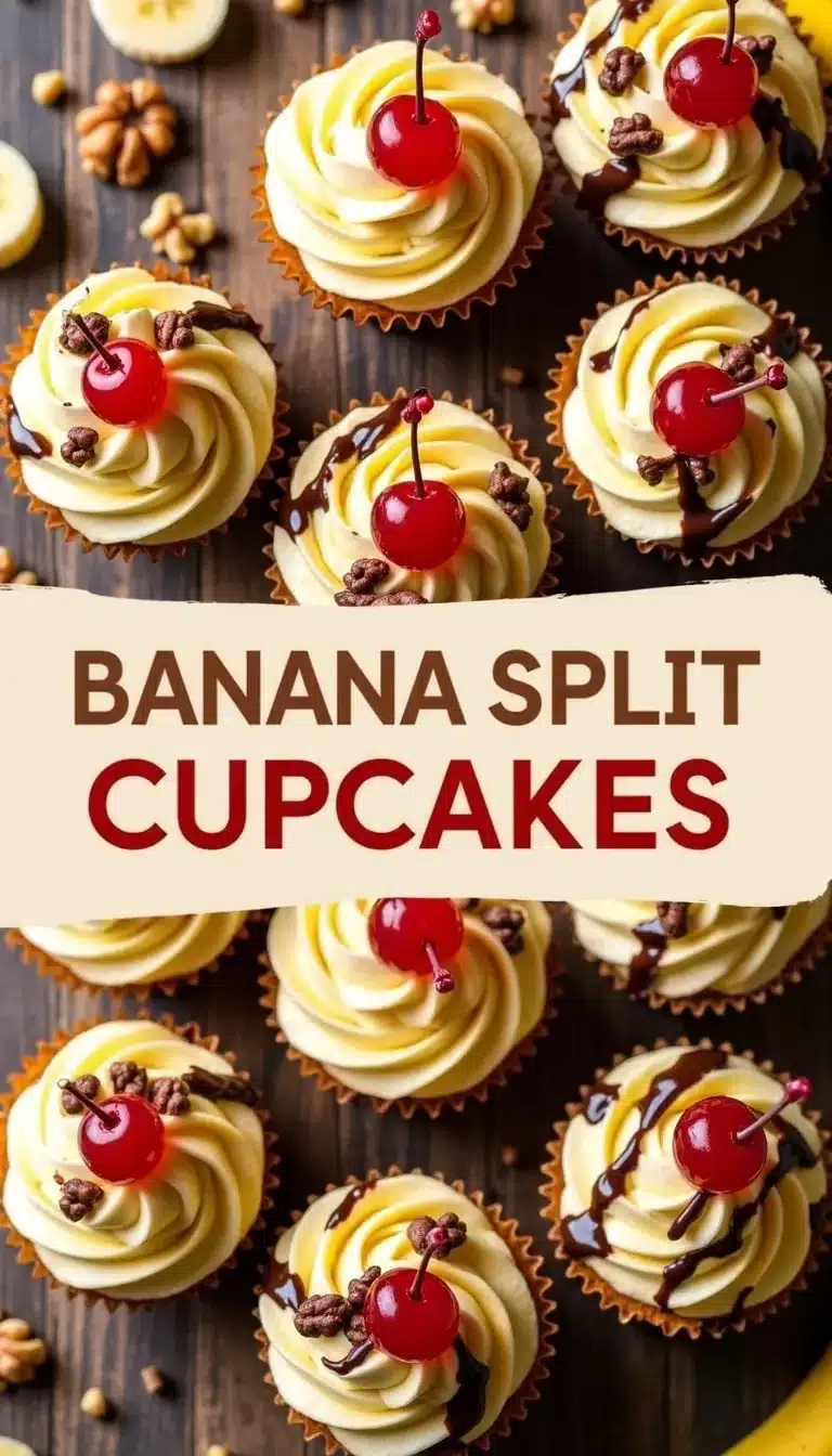 Pinterest pin for banana split cupcakes