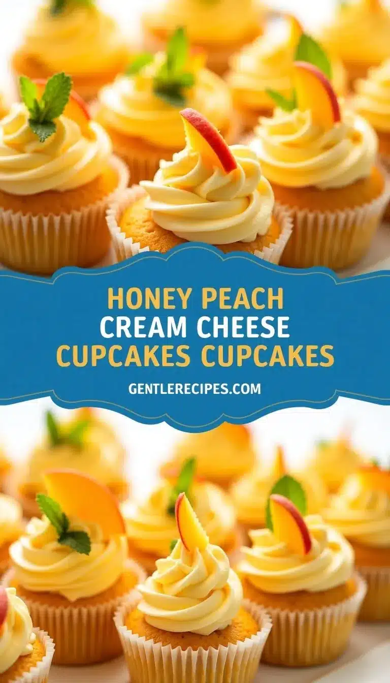 Pinterest pin for honey peach cream cheese cupcakes