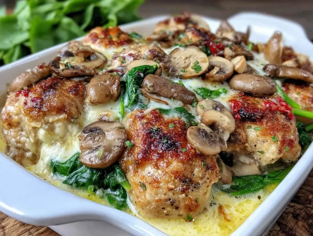 creamy chicken spinach mushroom bake - featured image