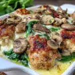creamy chicken spinach mushroom bake - featured image
