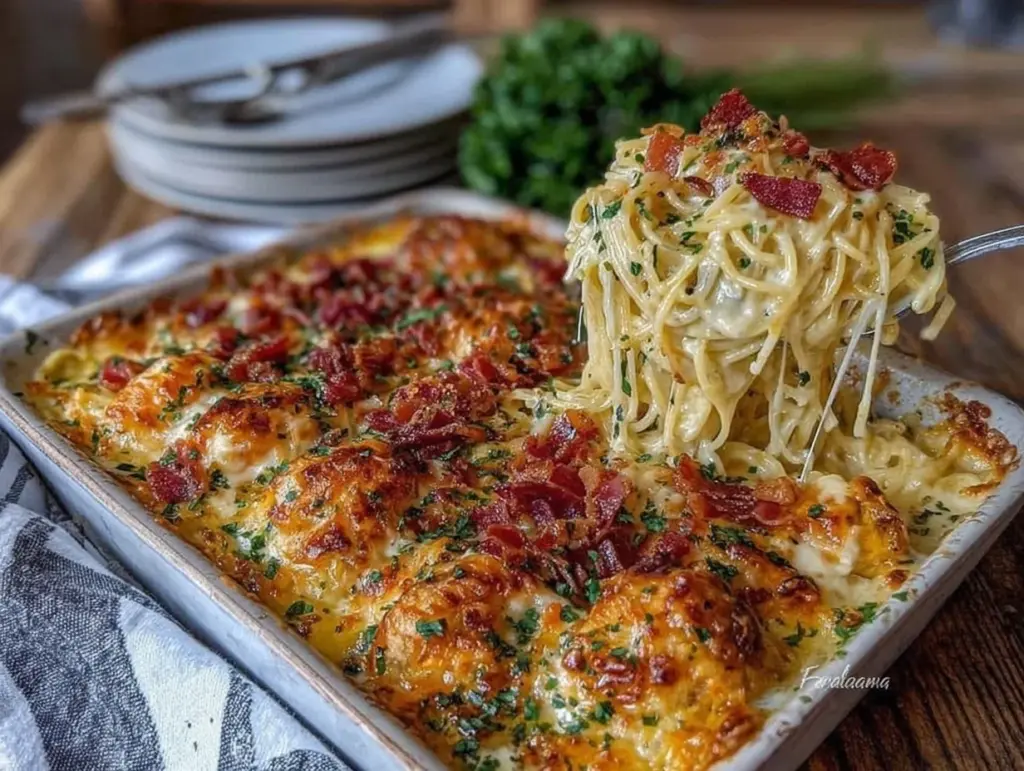 cheesy chicken spaghetti bake - featured image