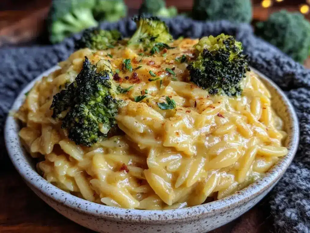 creamy broccoli cheese orzo - featured image