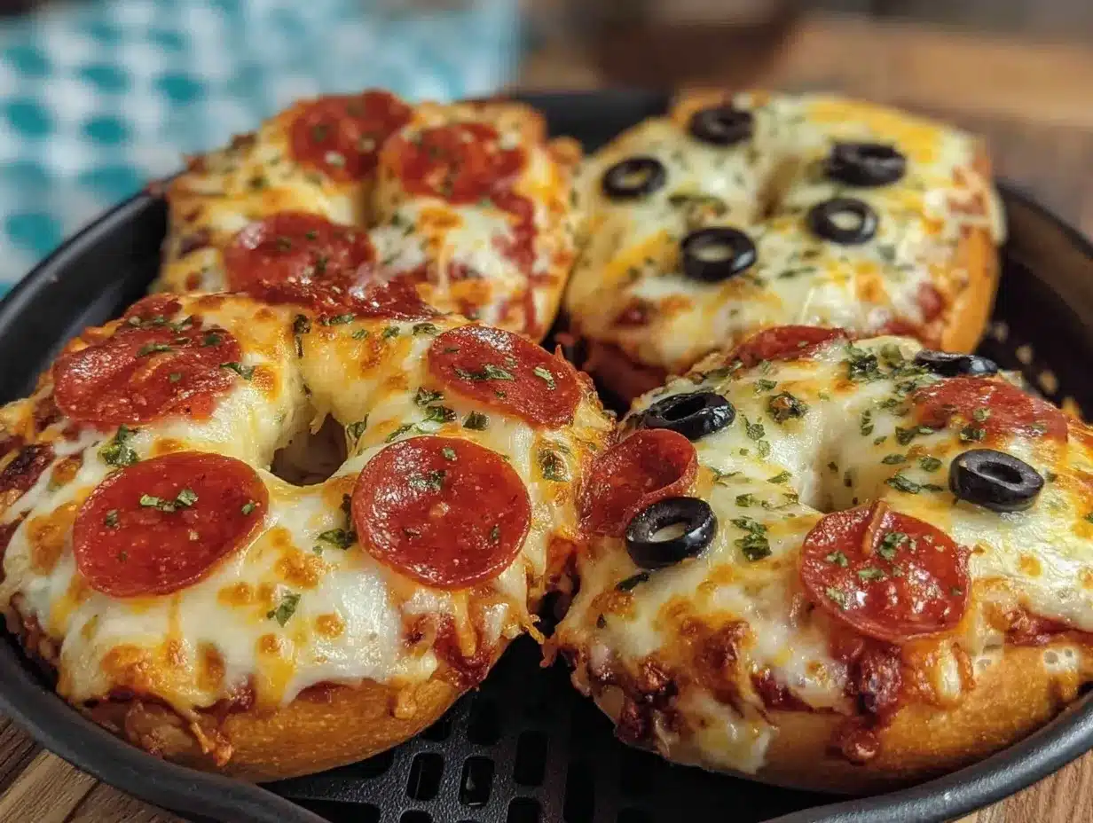 Easy Air Fryer Bagel Pizzas with Pepperoni and Olives Perfect Snack Recipe 4 air fryer bagel pizzas preparation steps