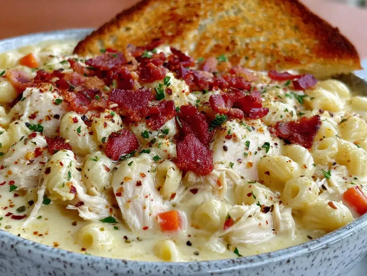 Creamy Chicken Macaroni Cheese Soup Recipe Easy Cozy Winter Comfort Meal 4 creamy chicken macaroni cheese soup preparation steps