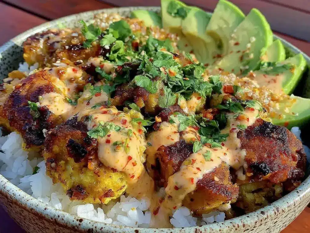 creamy coconut chicken rice bowl - featured image