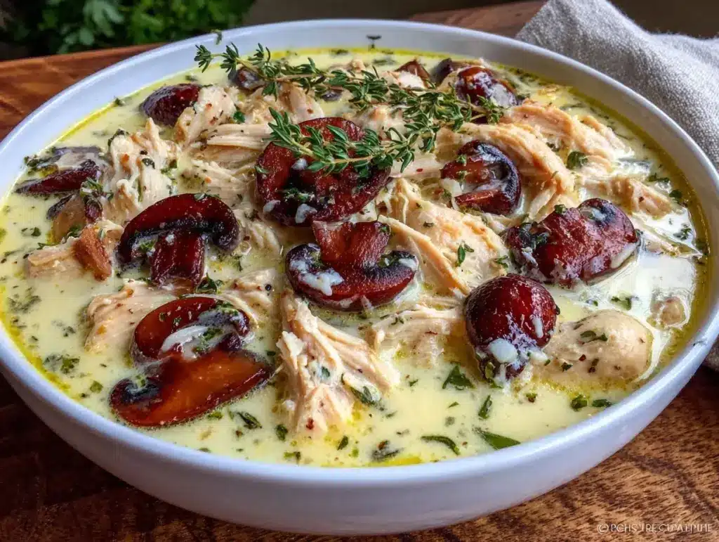 creamy rotisserie chicken and mushroom soup - featured image