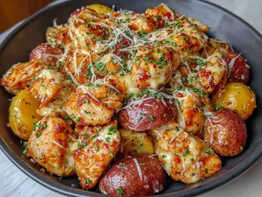 garlic parmesan chicken and potatoes skillet - featured image