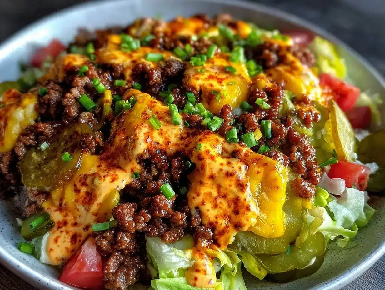 Savory Chopped Cheeseburger Salad Recipe with Pickles and Special Sauce Easy and Delicious 4 savory chopped cheeseburger salad preparation steps