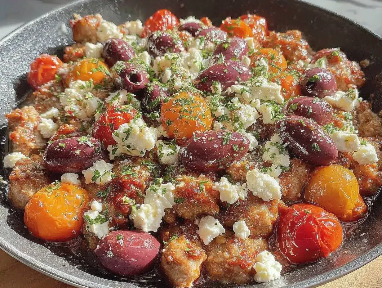 Savory Ground Chicken Skillet with Olives and Feta Easy Mediterranean Dinner Recipe 4 savory ground chicken skillet preparation steps
