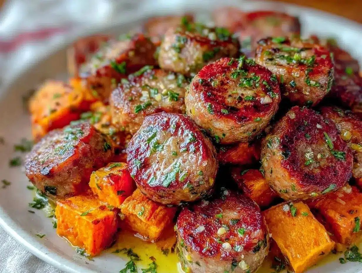 Savory Sausage and Sweet Potatoes Recipe – Easy Honey Garlic Skillet Dinner 4 savory sausage and sweet potatoes preparation steps