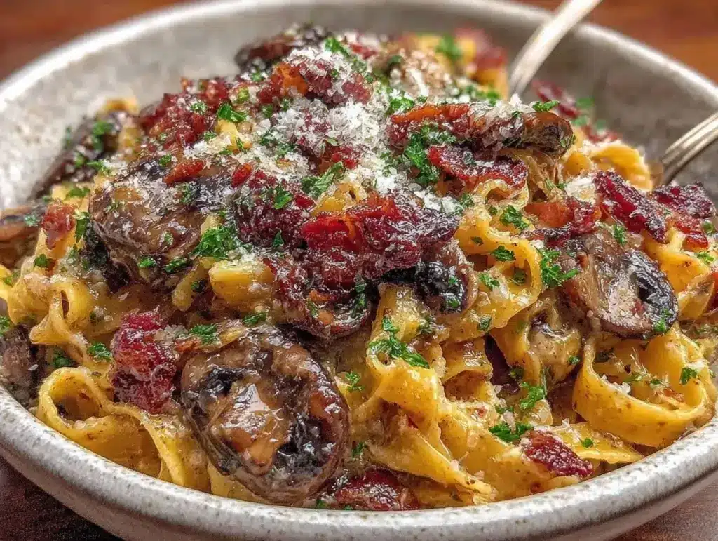 savory tagliatelle with bacon mushrooms and truffle oil - featured image