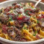 savory tagliatelle with bacon mushrooms and truffle oil - featured image