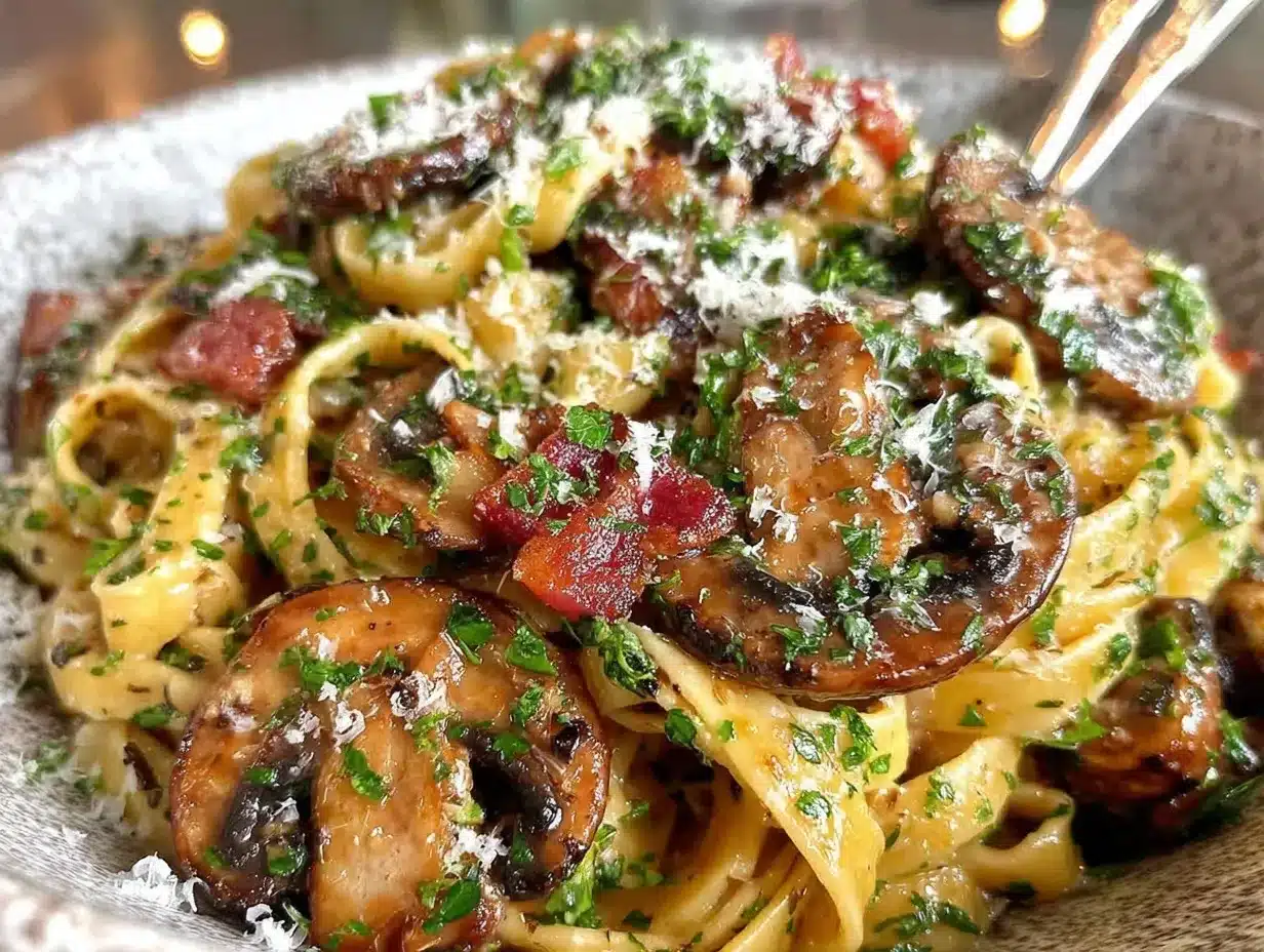 Savory Tagliatelle with Bacon Mushrooms and Truffle Oil 5 Easy Steps for Perfect Pasta Dinner 4 savory tagliatelle with bacon mushrooms and truffle oil preparation steps
