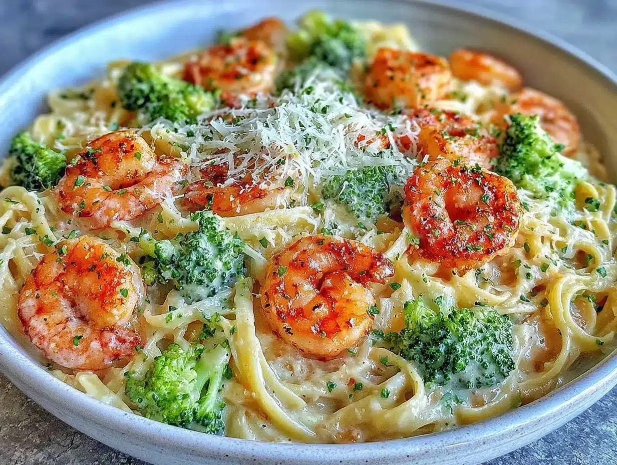 Creamy Shrimp Alfredo Pasta Recipe – Easy Weeknight Dinner with Broccoli 4 shrimp Alfredo pasta preparation steps