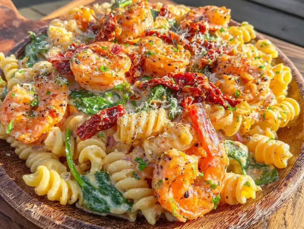 sun-dried tomato shrimp with spinach pasta - featured image
